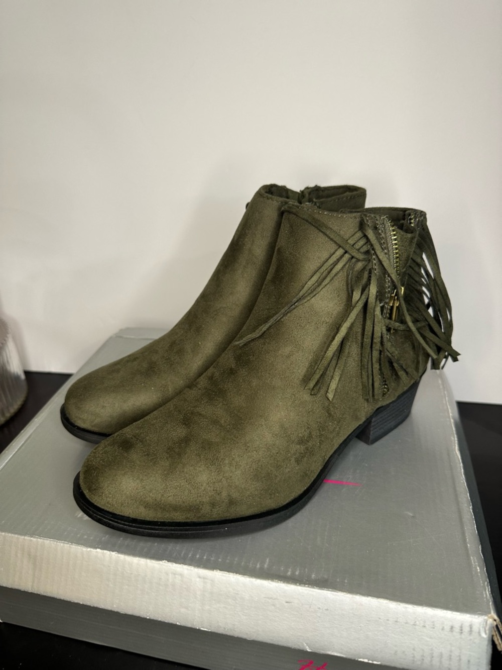 Herstyle Olive Green Suede Fringe Ankle Boots